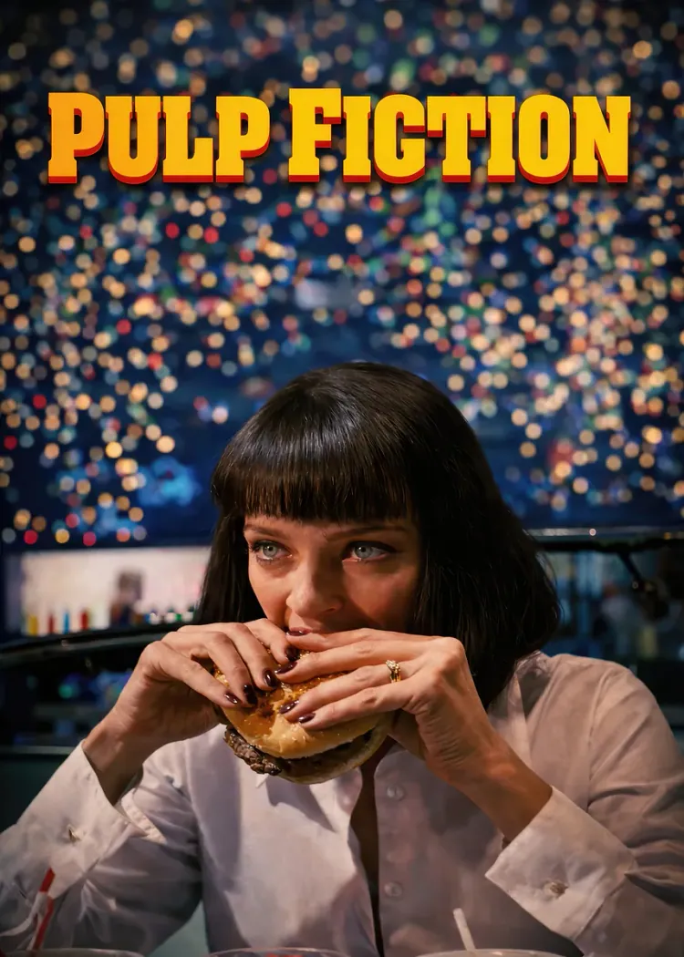 Pulp Fiction Movie Poster Woman Eating Burger Neon Lights Pulp Fiction poster with a woman eating a burger against glowing lights
