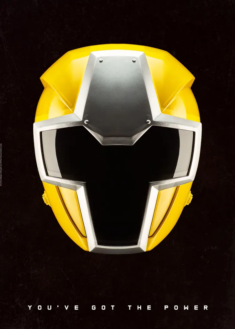 Power Rangers Yellow Helmet With Silver Cross Visor Yellow Power Rangers helmet with a silver cross-shaped visor on a black background