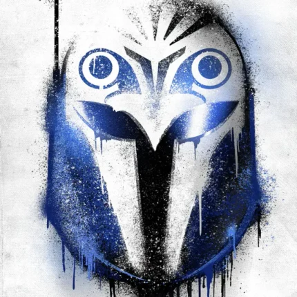 Blue and white Mandalorian helmet with round eyes, paint drips and a small ship silhouette