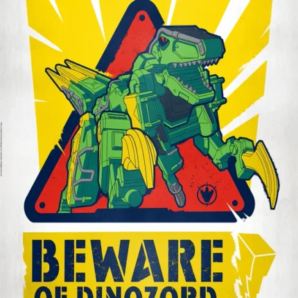 Green dinosaur zord in a red warning triangle with text Beware of Dinozord