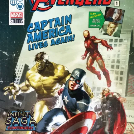Avengers comic cover poster with Captain America, Hulk, Iron Man and Thor above a city