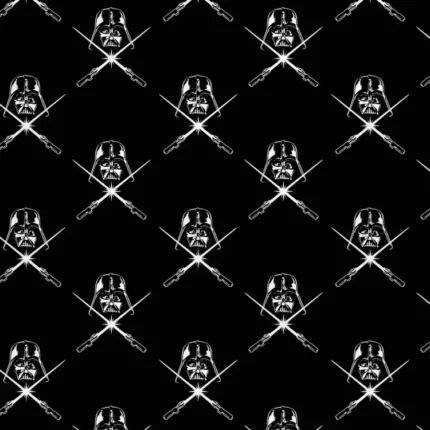 Pattern of Darth Vader helmets over crossed lightsabers on black background