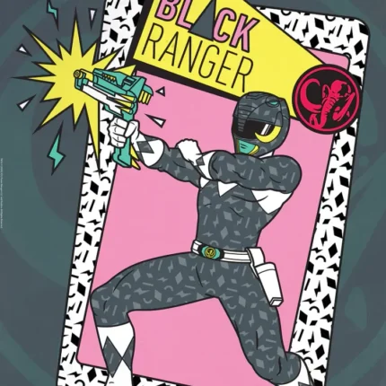 Retro pop-art Black Power Ranger firing a blaster in a patterned frame with The Black Ranger banner