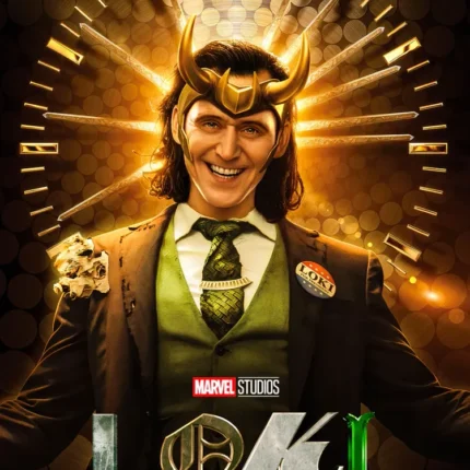 Smiling Loki in a golden horned helmet and green vest in front of a glowing golden clock, Loki logo below