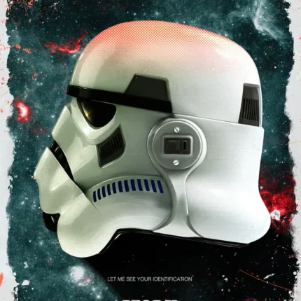 White Stormtrooper helmet in profile on a dark starry grunge background