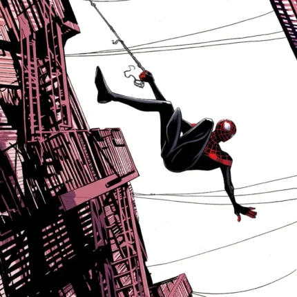 Spider-Man Miles Morales swinging on a web between tall buildings with fire escapes