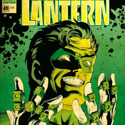 Green Lantern issue 49 Emerald Twilight comic cover with a masked face and hands wearing green rings