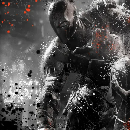 Black and white artwork of Deathstroke crouching in armor with red sparks and ink fragments