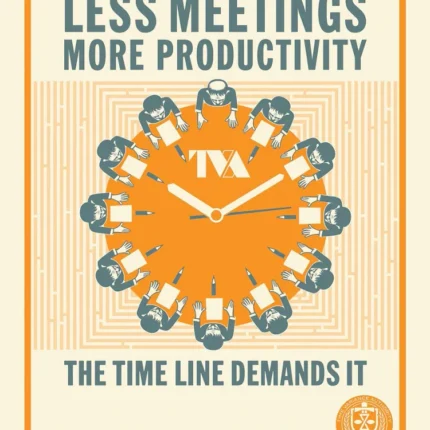 Retro poster of an orange clock made of seated figures with the text Less meetings more productivity