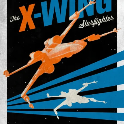 Orange X-wing on a blue striped poster titled X-Wing Starfighter