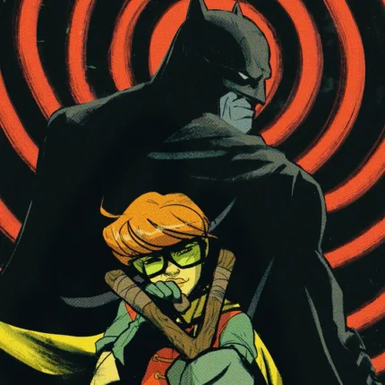 Batman behind a young Robin aiming a slingshot against red spiral circles