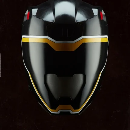 Glossy black Power Rangers helmet with a gold stripe across the visor on a dark background