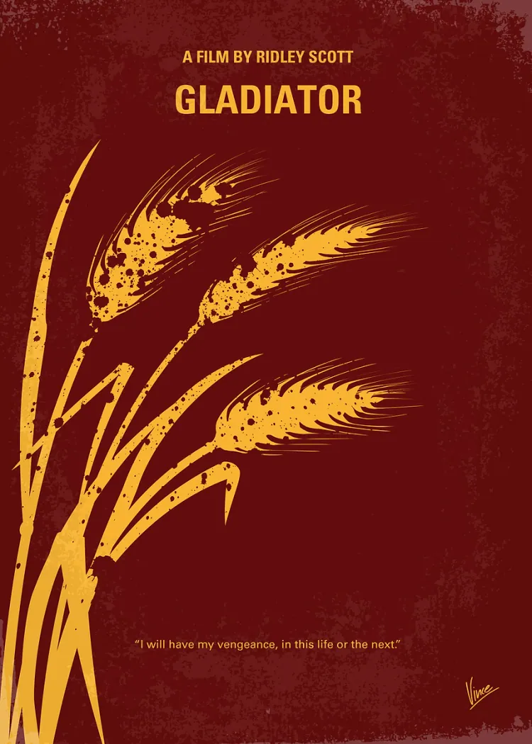 Gladiator Golden Wheat Ears Minimalist Movie Poster Maroon Gladiator poster with golden wheat ears on a maroon background