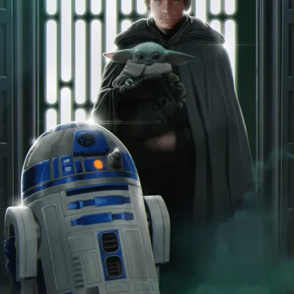 Cloaked man holding baby Grogu with R2-D2 in the foreground of a dim corridor