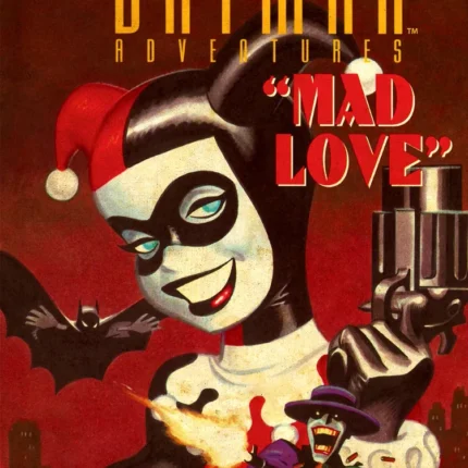 Batman Adventures Mad Love comic cover with a jester-hooded woman holding a gun and a clown below