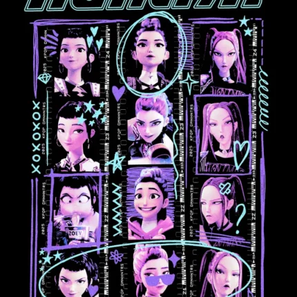 Huntrix poster with a grid of animated character portraits in neon outlines