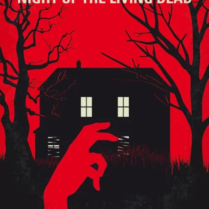 Night of the Living Dead poster with a black house, bare trees and a reaching red hand on red
