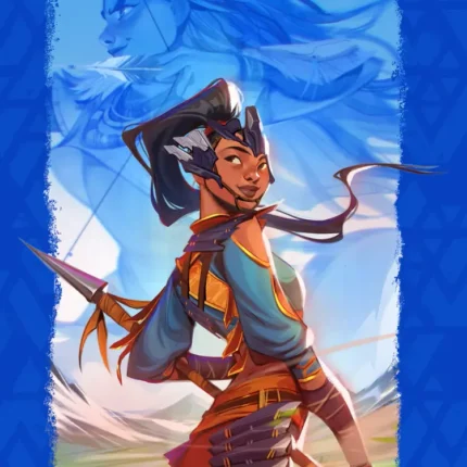 Animated warrior girl with spear in a valley with a ghostly blue figure above