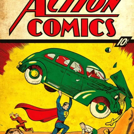 Vintage Action Comics number 1 cover with Superman lifting a green car as men flee