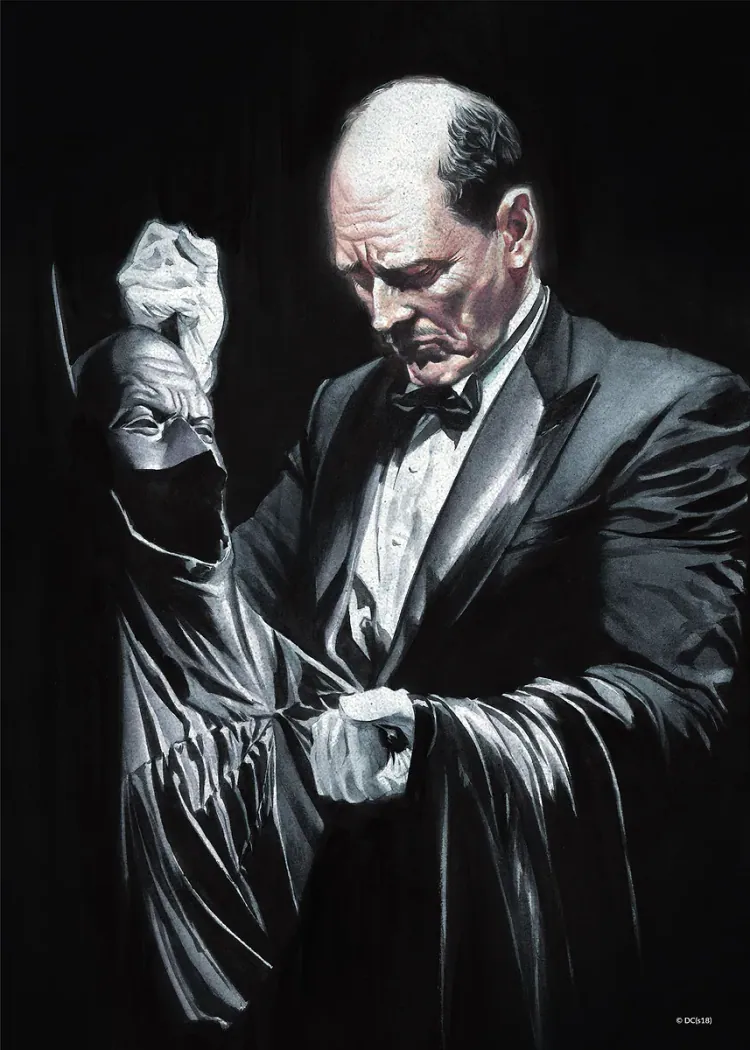 Alfred Holding Batman Cowl in Tuxedo Painted Portrait Poster Butler in a tuxedo and white gloves holding the Batman cowl and cape