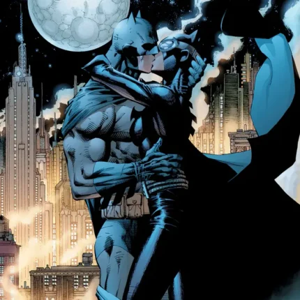 Comic art of Batman kissing a woman before a giant full moon and a lit night city skyline
