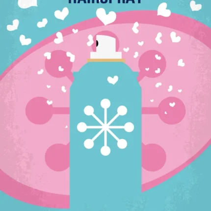 Hairspray poster with a teal spray can, a pink hairdo shape and white hearts on teal