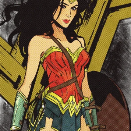 Wonder Woman in red and blue costume with a shield before a golden emblem
