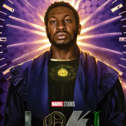 Man in a dark blue robe in front of purple and gold radiating rays, Loki logo below
