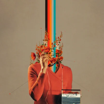 Woman in a red sweater with a retro radio, red flowers and a rainbow stripe