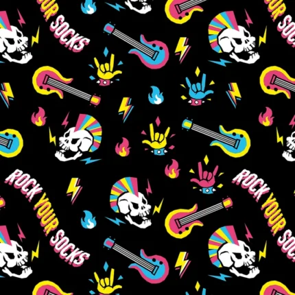Pattern of colorful guitars, skulls and lightning bolts reading Rock Your Socks