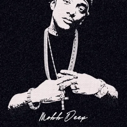 Black and white portrait of a rapper with chains and a Mobb Deep signature and quote
