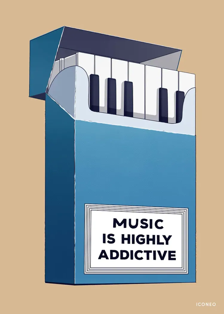Music Is Highly Addictive Piano Keys Cigarette Pack Art Poster Blue cigarette-style pack filled with piano keys and a label reading Music Is Highly Addictive