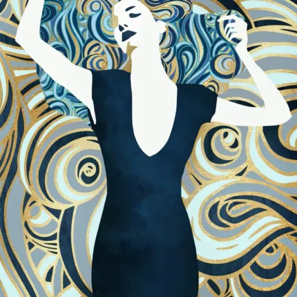 Woman in a navy dress with raised arms against swirling blue, cream and gold waves