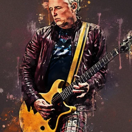 Silver-haired guitarist in a leather jacket playing a yellow electric guitar
