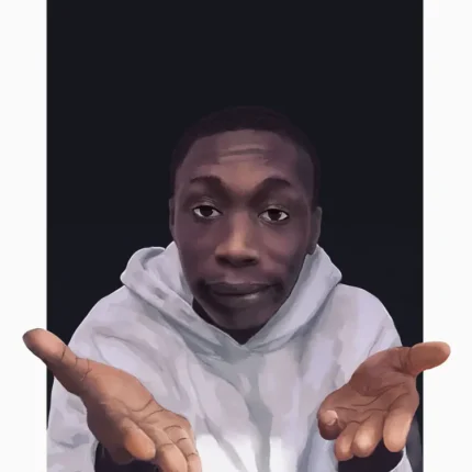 Young man in a grey hoodie holding both hands open in a questioning gesture