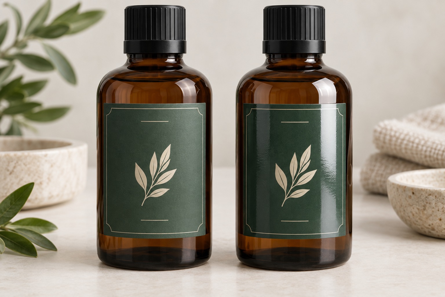 Matching amber bottles with matte and glossy green labels showing different light reflections