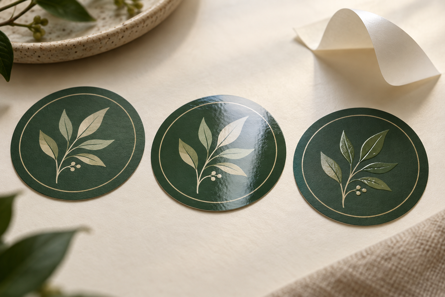 Three green botanical stickers comparing matte, glossy and selective Spot UV finishes
