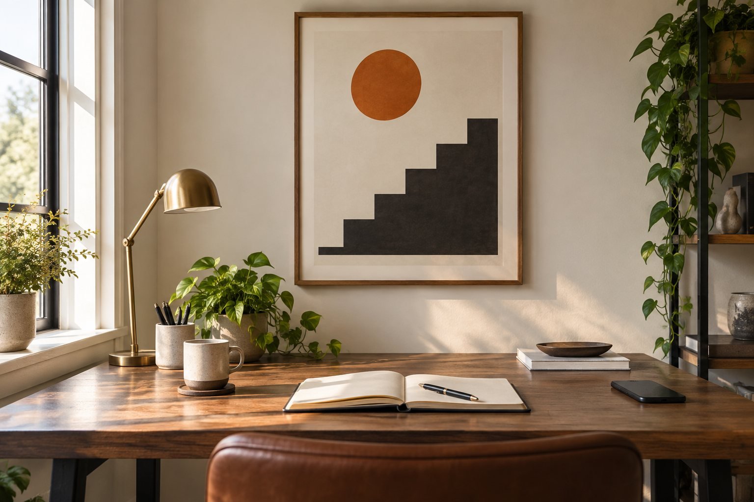 Minimalist geometric wall art above a tidy desk with an open notebook and a phone set aside