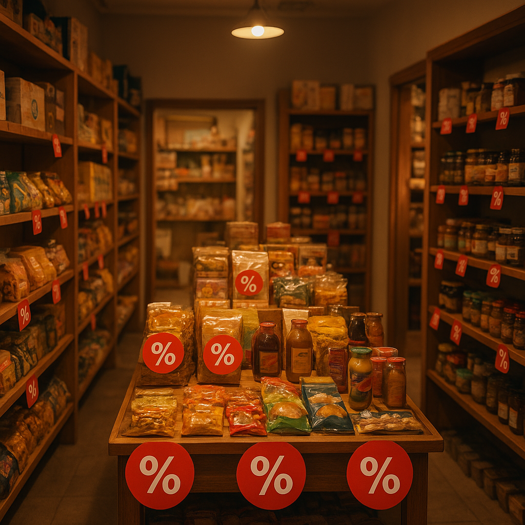 Small Saudi retail shop shelf with discount price stickers