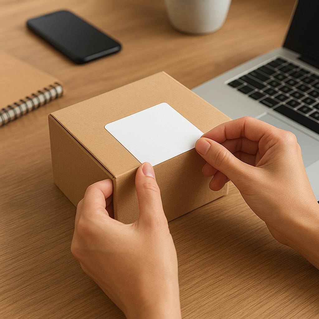 Hands applying a private-label sticker on a plain product box