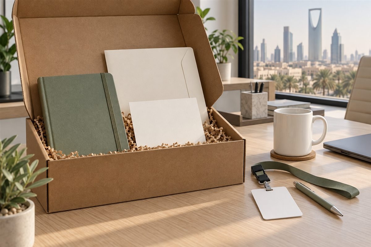 Corporate welcome kits with notebook, folder, blank card, badge and mug