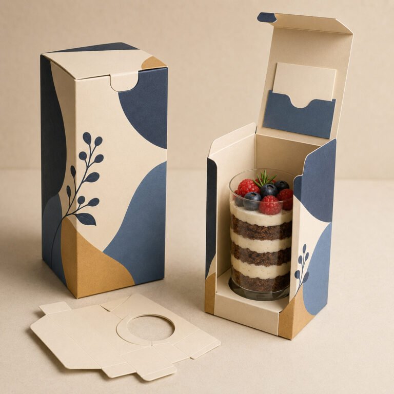 Tall cream and navy dessert boxes with leaf print, one open with a berry dessert cup