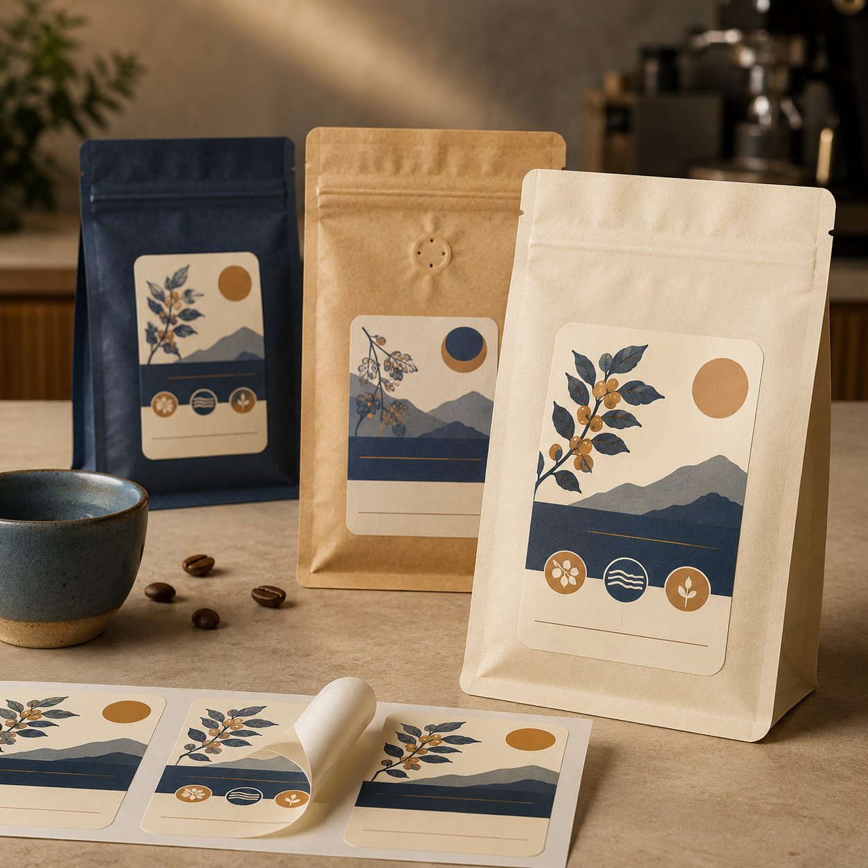 Custom Coffee Bag Labels – 8.5 × 6 cm Custom printed coffee bag labels by Paper Ink