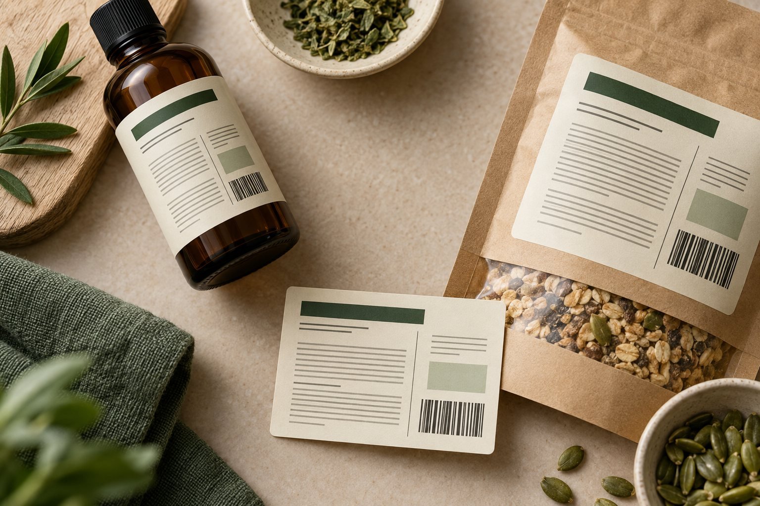 Amber bottle, kraft food pouch and loose information label with organized layouts and barcodes