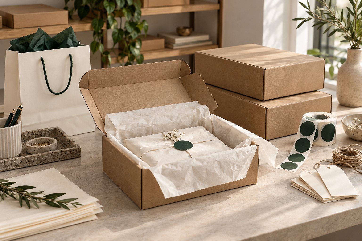Kraft shipping boxes, tissue paper and green sticker rolls on a small store’s packing table