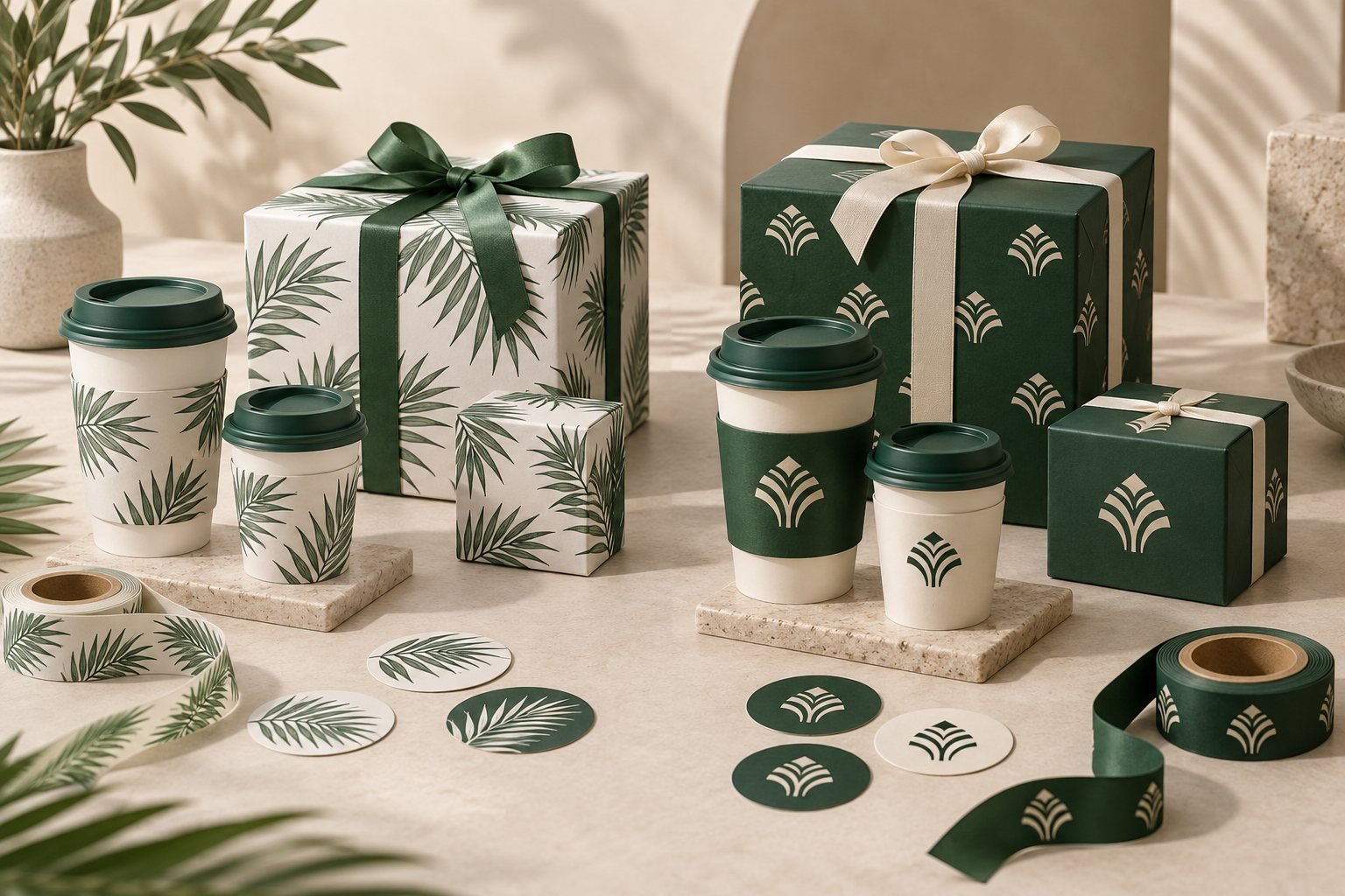 Green and white Saudi National Day packaging with gift boxes, cup sleeves, stickers and ribbons