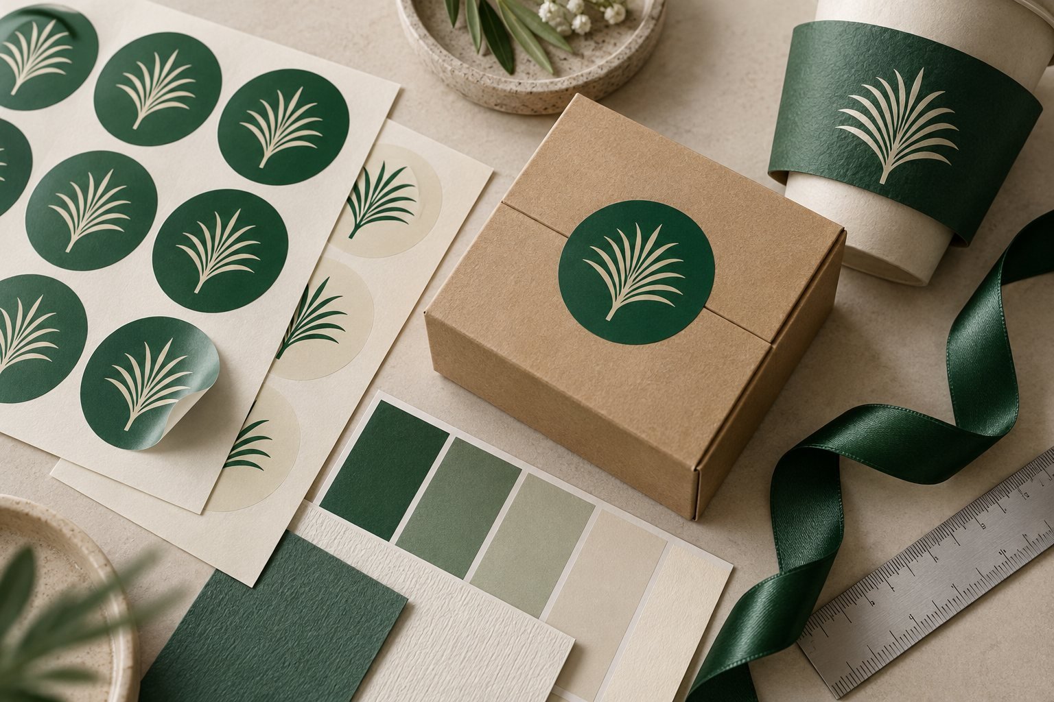 Saudi National Day packaging samples with green stickers, a kraft box, ribbon and print color swatches