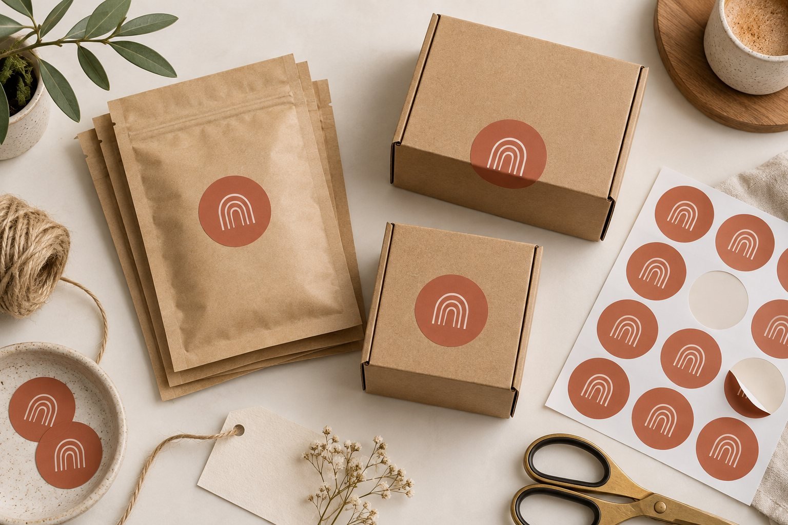 Kraft pouches and boxes with matching terracotta logo stickers beside a partly used sticker sheet