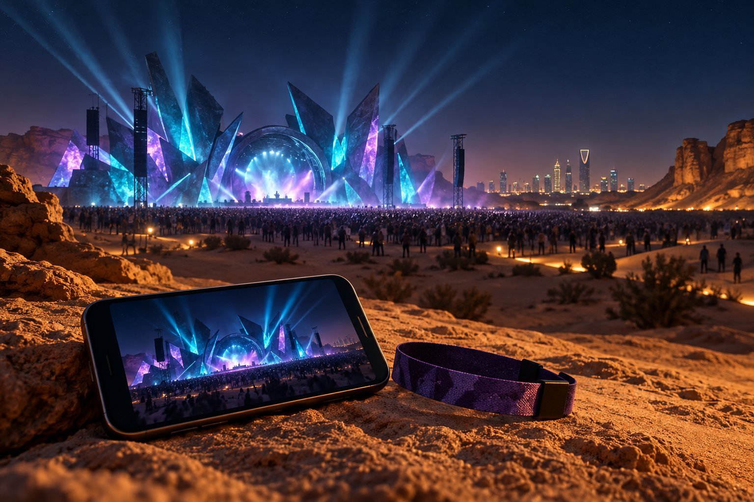 Conceptual desert music festival with blue stage lights, a phone showing the scene and a wristband