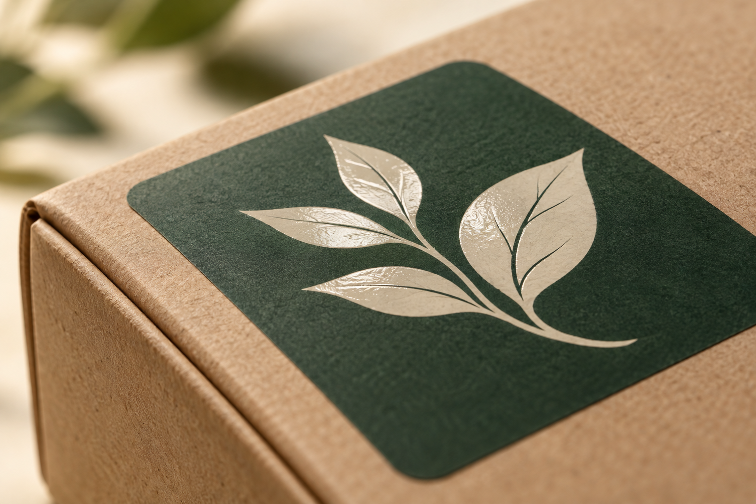 Matte green label on a kraft box with selective Spot UV gloss over the leaf motif
